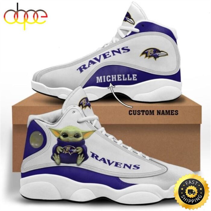 Baby Yoda Hug Baltimore Ravens Personalized Name Air Jordan 13 Shoes