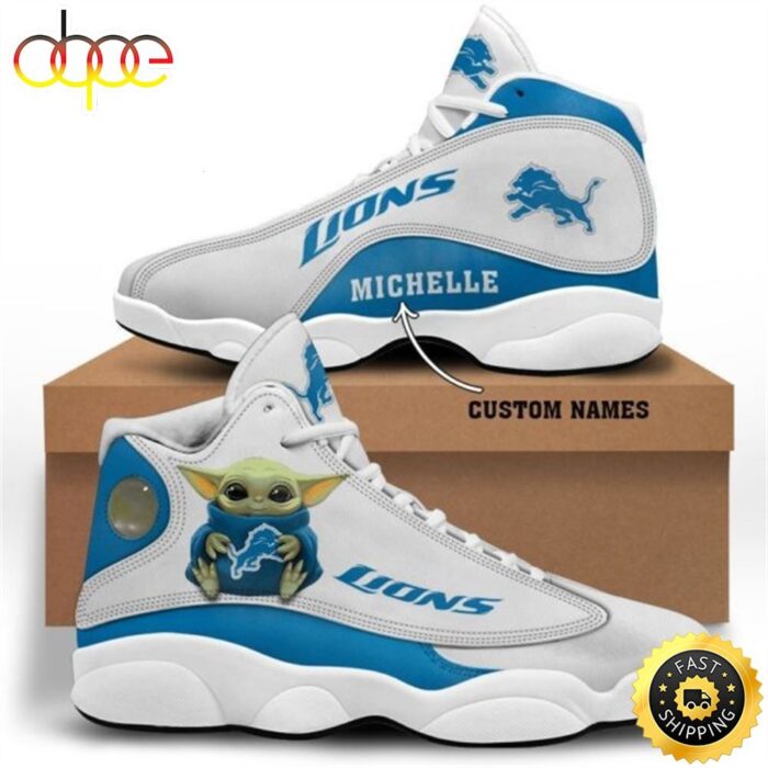 Baby Yoda Hug Detroit Lions Personalized Name Air Jordan 13 Shoes