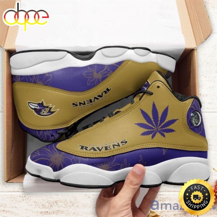 Baltimore Ravens Weed Pattern Air Jordan 13 Shoes For Fans