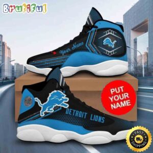 Custom Name NFL Detroit Lions Black Blue Air Jordan 13 Shoes Printed Logo JD 13