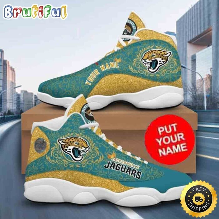 Custom Name NFL Jacksonville Jaguars Teal Gold Air Jordan 13 Shoes Printed Logo JD 13