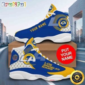 Custom Name NFL Los Angeles Rams Blue Yellow Air Jordan 13 Shoes Printed Logo JD 13