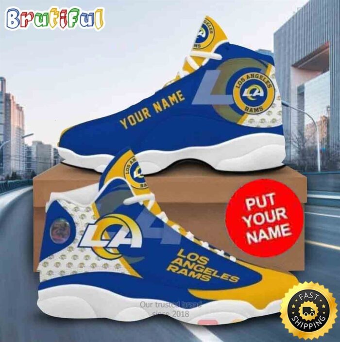 Custom Name NFL Los Angeles Rams Blue Yellow Air Jordan 13 Shoes Printed Logo JD 13