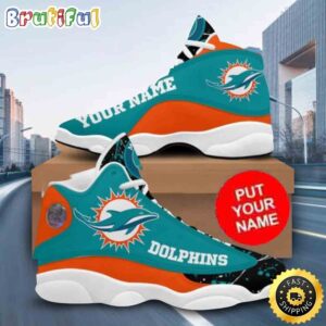 Custom Name NFL Miami Dolphins Aqua Black Air Jordan 13 Shoes Printed Logo JD 13