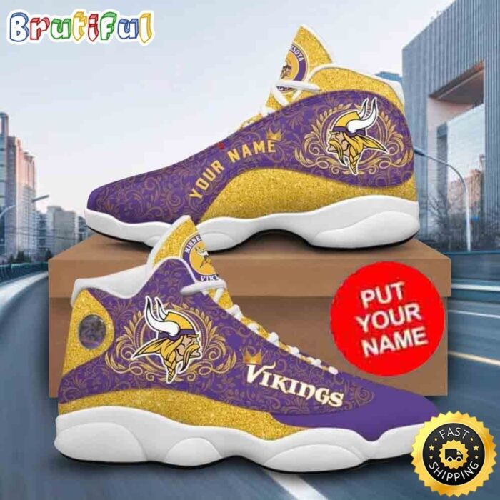 Custom Name NFL Minnesota Vikings Purle Yellow Air Jordan 13 Shoes Printed Logo JD 13