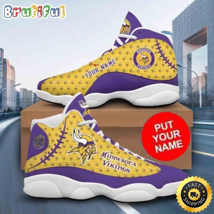 Custom Name NFL Minnesota Vikings Purple Yellow Air Jordan 13 Shoes Printed Logo JD 13