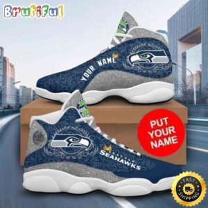 Custom Name NFL Seattle Seahawks Navy Grey Air Jordan 13 Shoes Printed Logo JD 13