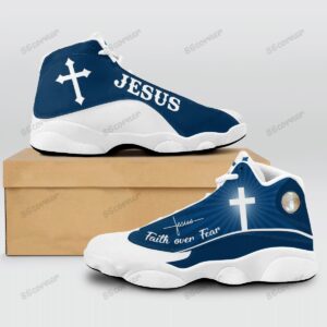 Jesus Cross Faith Over Fear Blue Air Jordan 13 Shoes