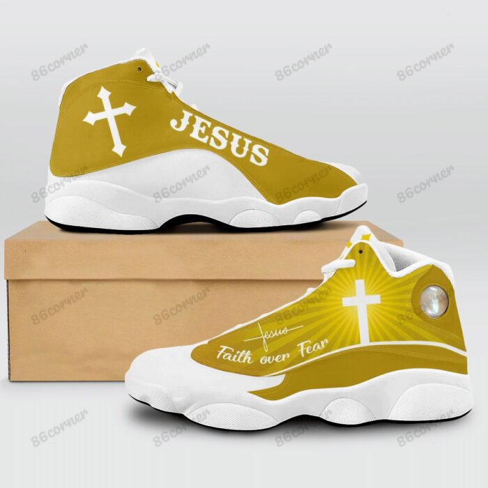 Jesus Cross Faith Over Fear Yellow Air Jordan 13 Shoes