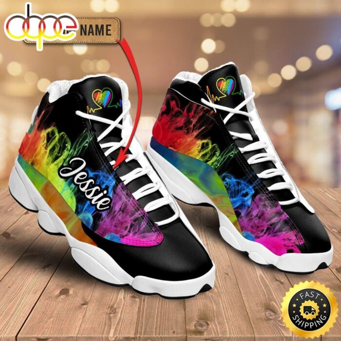 Lgbt Colorful Smoke Heart Beat Custom Name Air Jordan 13 Shoes