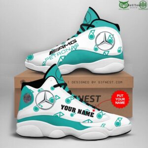 Personalized Mercedes Petronas white turquoise Air Jordan 13 Sneaker